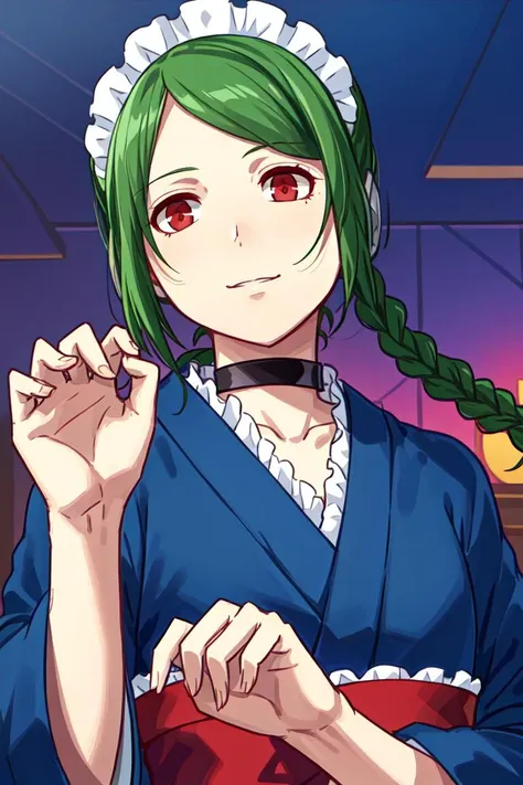 masterpiece, best quality, solo, (detailed eyes:0.9), (detailed lighting, depth of field:0.9), maid, blue kimono, choker, red eyes,
claw pose,
pier,
rotated,
evening,
face,
smug,
<lora:Tama_V2:0.6>