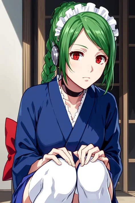 Anime girl with green hair and white pants sitting on a chair - SeaArt AI