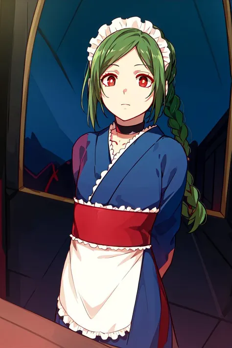 masterpiece, best quality, solo, (detailed eyes:0.9), (detailed lighting, depth of field:0.9), maid, blue kimono, choker, red eyes, symbol-shaped_pupils, expressionless,
arms behind back,
canyon,
fisheye,
night,
cropped legs,
furled brow,
<lora:Tama_V2:0.6>