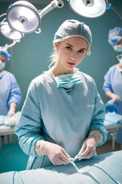 (RAW photo, best quality), 1girl, blonde, long sleeve surgical outfit, surgical mask, surgical gloves, surgical cap, operating room, overhead surgical light, blurred background, focused
<lora:concept_surgeon_mask_open_xl_v1-000002:1>, surgical_mask_open, completely_undone, masterpiece, best quality,