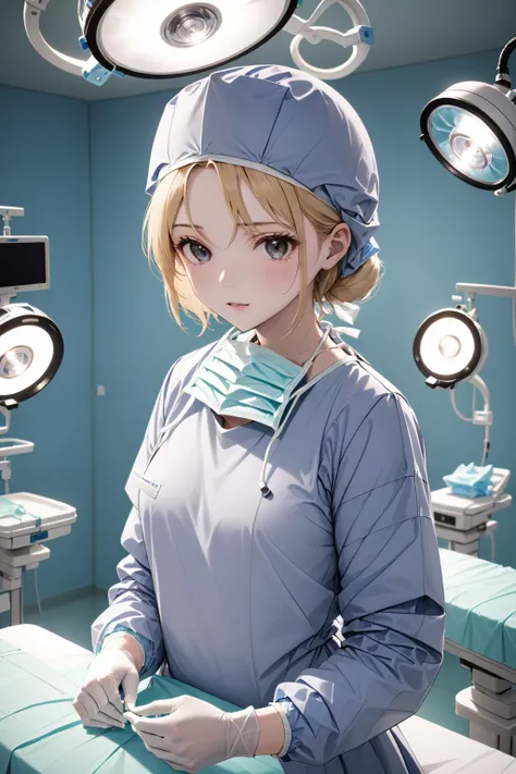 (RAW photo, best quality), 1girl, blonde, long sleeve surgical outfit, surgical gloves, surgical cap, operating room, overhead surgical light, blurred background, focused
<lora:concept_surgeon_mask_open_xl_v1:1>, surgical_mask_open, completely_undone, masterpiece, best quality,
