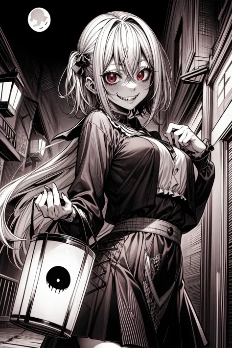 masterpiece:1.2, high quality, best quality, 1girl, solo, horror \(theme\), vampire, blonde hair, red eyes, fangs, evil grin, <lora:add_detail:1>, night, darkness, lantern, <lora:horror_manga:1>, creature, comic, monochrome, greyscale, screentones, nightmare, horror_manga