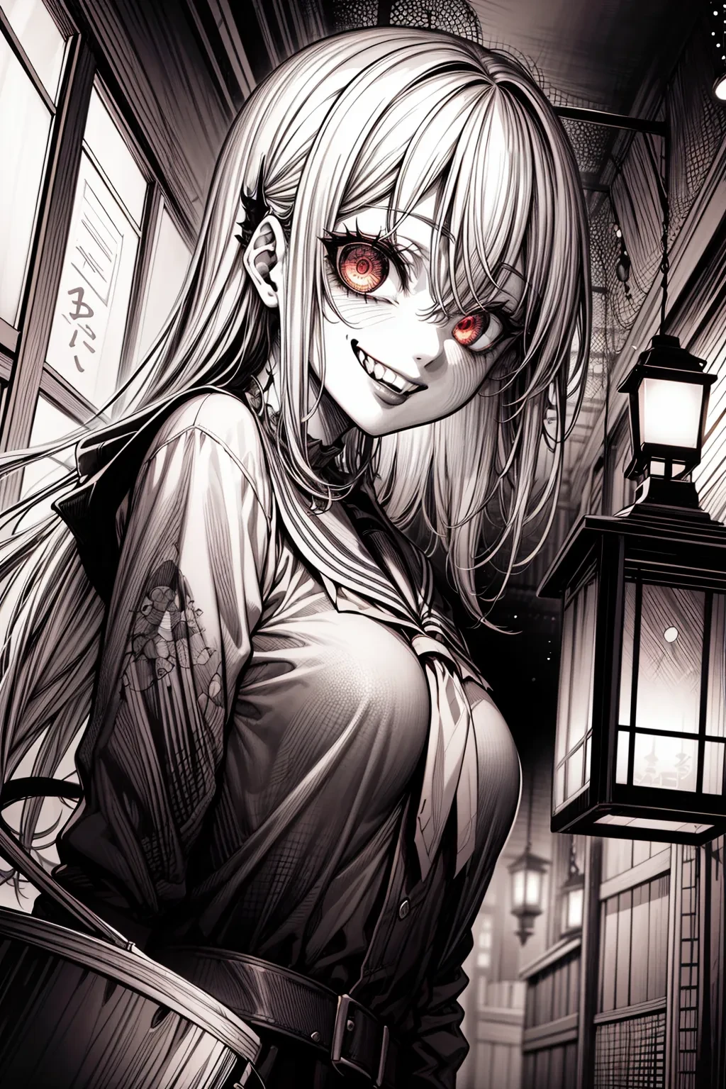 masterpiece:1.2, high quality, best quality, 1girl, solo, horror \(theme\), vampire, blonde hair, red eyes, fangs, evil grin, <lora:add_detail:1>, night, darkness, lantern, <lora:horror_manga:1>, creature, comic, monochrome, greyscale, screentones, nightmare, horror_manga