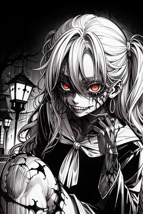 masterpiece:1.2, high quality, best quality, 1girl, solo, horror \(theme\), vampire, blonde hair, red eyes, fangs, evil grin, <lora:add_detail:1>, night, darkness, lantern, <lora:horror_manga:1>, creature, comic, monochrome, greyscale, screentones, nightmare, blood, red earrings, horror_manga <lora:better_scar:1> better_scar