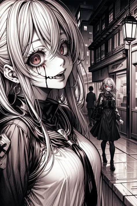 masterpiece:1.2, high quality, best quality, 1girl, solo, horror \(theme\), vampire, blonde hair, red eyes, fangs, evil grin, <lora:add_detail:1>, night, darkness, lantern, <lora:horror_manga:1>, creature, comic, monochrome, greyscale, screentones, nightmare, blood, red earrings, horror_manga