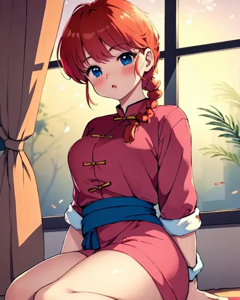 masterpiece, best quality, solo, masterpiece, best quality, ((anime style:1))perfect face,body shot of a shy Japanese girl with red hair and bangs and a single braid wearing chinese clothes ,sitting by the window, pov, looking at viewer ,cute pink apartment with fairy lights and houseplants everywhere at night with sunset outside of window, kawaii aesthetic with chinese deco, room with chinese art and trees outside of window with curtains, (perky breasts), (medium butt), (blush:1.4) ,adult,mature, official style, <lora:ranma_v1:0.8> , coldwater , <lora:perkyBreasts_v10:1>