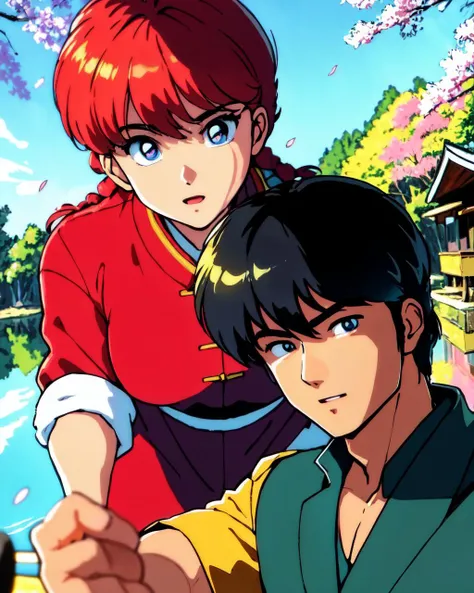 solo, masterpiece, best quality, perfect facesaotomeranma,1boy, oyu, anime style, detailed eyes, (looking_at_another:1.22), (dynamic_angle:1.29), (beautiful_detailed_eyes:1.1), beautiful_detailed_cloud, masterpiece, best_qualitystanding by a old japanese house with a japanese garden in the background,(in_forest:1.34), (dense forest:1.19), many_trees,lens_flare, shine, painting, (water_reflection:1.14), jungle, cherry blossoms, falling_blossoms, pink_blossoms, sky, day, cloud, sunlight, expressionless, sunset,(upper_shot),red chinese clothes, black pants, posing, big black eyes,happy, <lora:ranmaRanma12Lora_11:0.8>