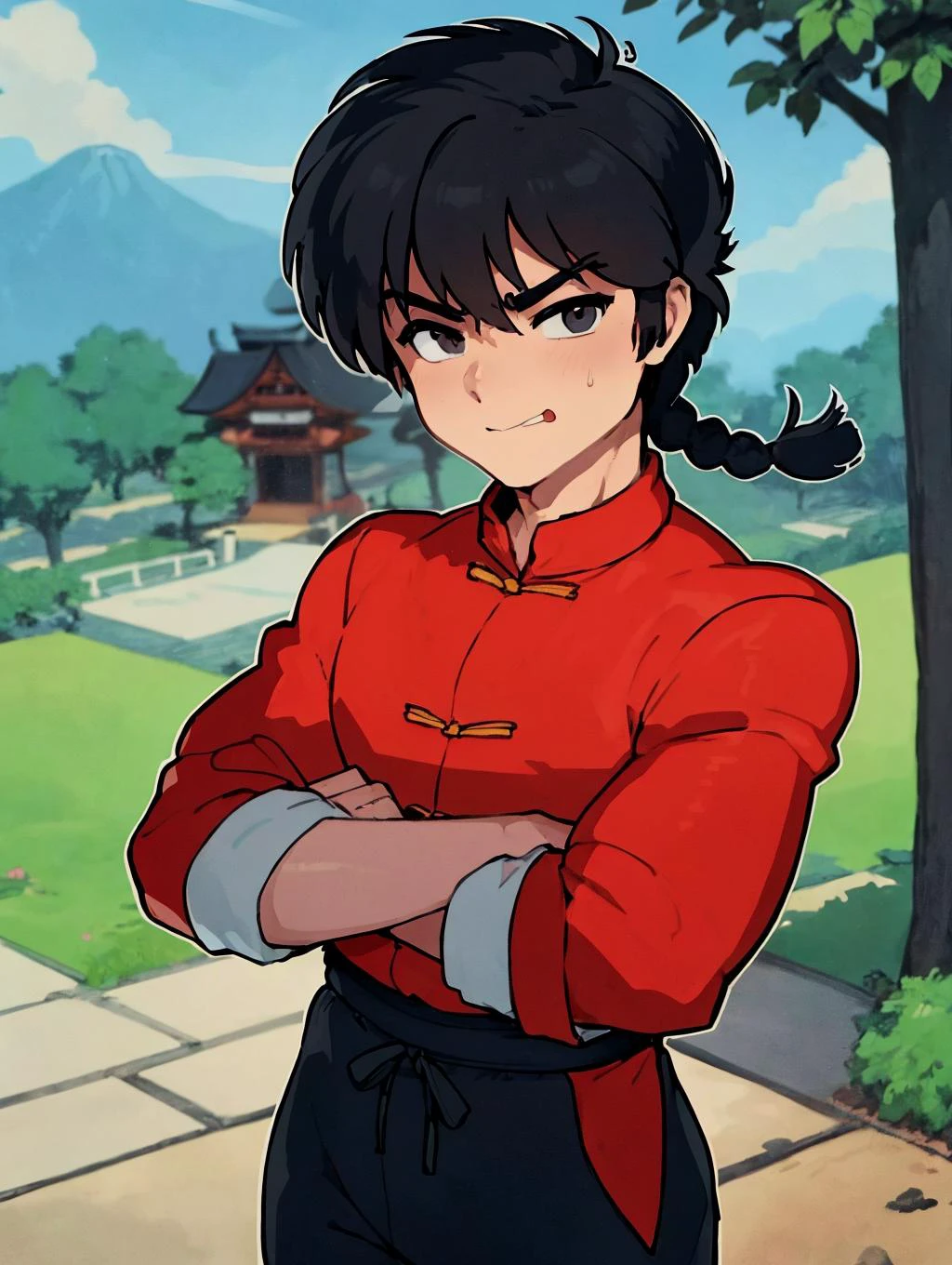 best quality, masterpiece,anime,saotomeranma,1boy, oyu, standing with a japanese garden in the background, <lora:ranma_v1:0.8>,(cowboy_shot),red chinese clothes, black pants, posing, big black eyes,happy