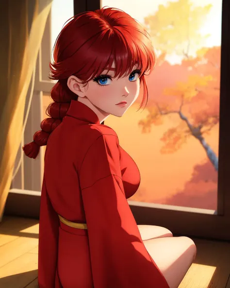 unparalleled masterpiece,( 8k, RAW photo,masterpiece:1.2),(anime style), raytracing, ultra high res, ( beautiful face) , 8k, detailed eyes, eyes, pretty eyes, long lashes, 3d lashes, fake lashes,masterpiece, best quality, solo, masterpiece, best quality, ((anime style:1))perfect face,body shot of a shy Japanese girl with red hair and bangs and a single braid wearing chinese clothes ,sitting by the window, pov, looking at viewer , upper body, close up ,in a noodle house, with sunset outside of window,with chinese deco, room with chinese art and trees outside of window ,(perky breasts), (medium butt), (blush:1.4) ,adult,mature, official style, <lora:ranma_v1:0.6> , coldwater