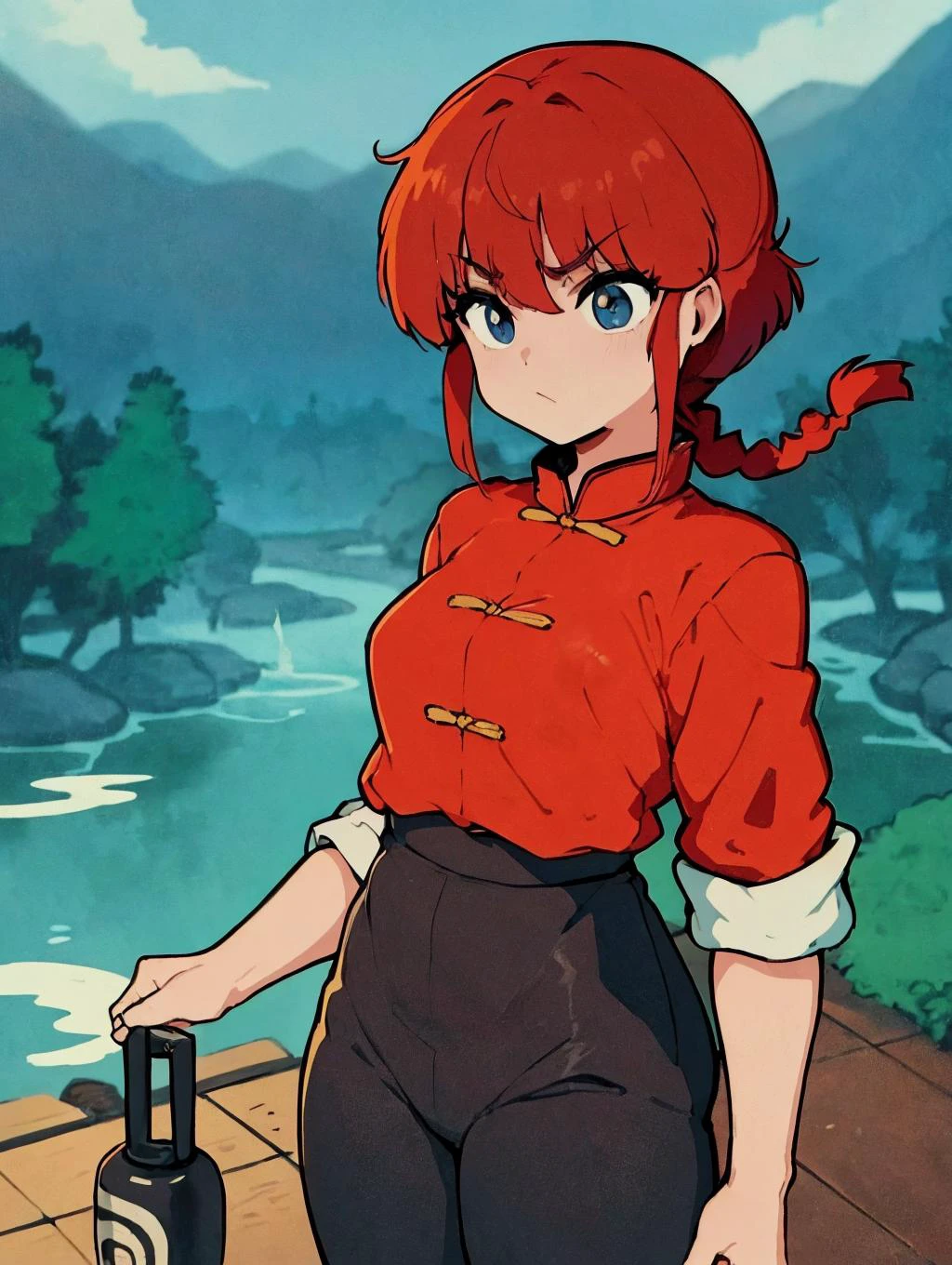 best quality, masterpiece,anime,saotomeranma,1girl, coldwater, standing with a japanese garden in the background, <lora:ranma_v1:0.8>,(cowboy_shot), chinese clothes,red hair, black pants, posing