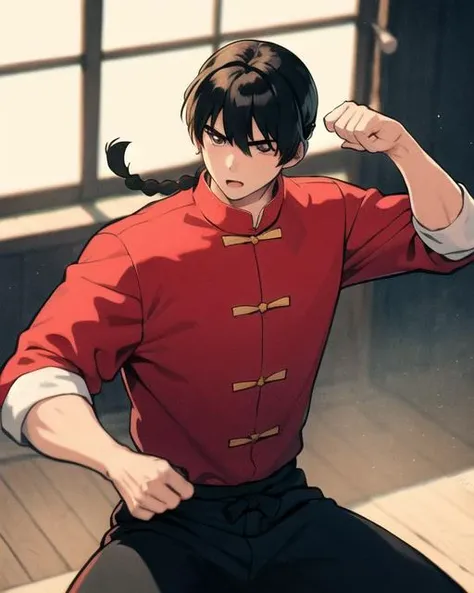 best quality, masterpiece,1boy,saotomeranma, hotwater, <lora:ranma_v1:0.8>, ,chinese clothes,single braid, official style,doing a kamae in a dojo