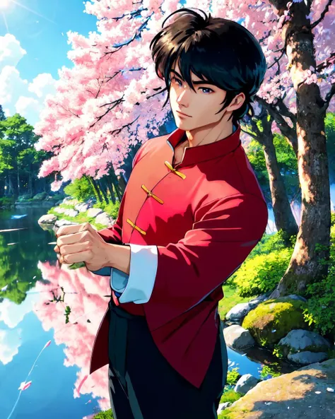 solo, masterpiece, best quality, perfect facesaotomeranma,1boy, oyu, anime style,  detailed eyes, (looking_at_another:1.22), (dynamic_angle:1.29), (beautiful_detailed_eyes:1.1), beautiful_detailed_cloud, masterpiece, best_qualitystanding by a old japanese house with a japanese garden in the background,(in_forest:1.34), (dense forest:1.19), many_trees,lens_flare, shine, painting, (water_reflection:1.14), jungle, cherry blossoms, falling_blossoms, pink_blossoms, sky, day, cloud, sunlight, expressionless, sunset,(upper_shot),red chinese clothes, black pants, posing, big black eyes,happy, <lora:ranmaRanma12Lora_11:0.8>
