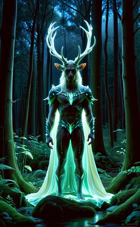 This artwork presents a majestic elf fairy king, characterized by his serene authority and deep connection to the mystical forest around him. His form, crowned with glowing deer antlers, embodies the elegance and wisdom of ancient realms. The king stands at the heart of an enchanted forest, where the delicate interplay of light and shadow dances across his visage and the lush flora surrounding him. The antlers not only signify his regal status but also serve as a beacon of light, casting ethereal glows that illuminate the forest's hidden beauty. His attire, a seamless blend of natural elements and royal finesse, complements the magical atmosphere, enhancing his commanding yet tranquil presence.
The composition is a testament to the harmonious relationship between the elf fairy king and the natural world he safeguards. The subtle yet rich color palette evokes a sense of wonder and reverence for the mystical, with each hue meticulously chosen to highlight the ethereal qualities of the king and the vibrant life force of the enchanted forest. The artwork is a masterful portrayal of an otherworldly realm, inviting the viewer to lose themselves in the depth and beauty of this magical landscape. Through refined artistic techniques, the piece captures the timeless allure of the forest and its guardian, offering a window into a world where magic and nature intertwine.
Break, full shot, cinematic lighting, dramtic Scene, fantasy, High quality 3D rendering, fantasy, Pixar 3D character design style., masterpiece,
 <lora:Biol:0.4> ais-blmn <lora:glowneon_xl_v1:0.5> glowneon, glowing, sparks, lightning  <lora:ral-mycelium:0.2> ral-mycelium