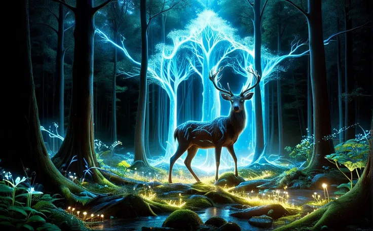 This artwork unfolds around a spirit in the form of a deer, glowing with a magical and translucent light, set in the heart of a mystical forest. The spirit's grand antlers merge seamlessly with the essence of the forest, reflecting the surrounding colors and shimmering with a light that suggests a profound union with the natural world. The depiction of the deer spirit embodies purity and magic, drawing the viewer into a narrative of enchantment and serene beauty.
The background portrays an ancient forest brimming with life, rendered in a palette of vibrant colors and intricate details that create a dreamlike and mysterious atmosphere. Through meticulous craftsmanship, the forest scene is alive with a diversity of flora and a play of light and shadow, enhancing the mystical setting. This composition invites the viewer to experience a sense of wonder, peace, and a deep connection to nature, encapsulating the artwork's ability to convey the majestic and ethereal presence of the spirit within a timeless natural landscape.
Break, full shot, cinematic lighting, dramtic Scene, fantasy, High quality 3D rendering, fantasy, Pixar 3D character design style., masterpiece,
 <lora:Biol:0.4> ais-blmn <lora:glowneon_xl_v1:0.5> glowneon, glowing, sparks, lightning  <lora:ral-mycelium:0.2> ral-mycelium