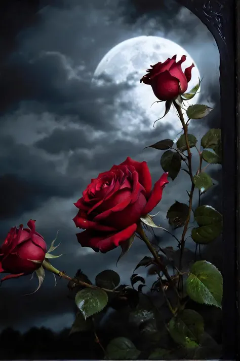 the image is transformed into a dark fantasy scene, reminiscent of a gothic novel. the roses, once vibrant and lively, now have a darker hue, as if they were bathed in the moonlight of a scarlet red moon. their stems, twisted and gnarled, seem to writhe with life, as if they are struggling against an unseen force. a blue black sky looms overhead, filled with clouds that resemble stormy waves ready to crash down at any moment. the glass panels surrounding the roses take on a black tint, their edges sharp like knives cut from obsidian. this scene evokes a sense of impending doom, where the beauty of the roses contrasts sharply with the ominous atmosphere enveloping them. the roses, despite being the central focus, do not seem to thrive in this environment. instead, they appear trapped, like a beautiful creature caught in a dark adult nymph tale. this contrast between the natural beauty of the roses and the malevolent aura surrounding them creates a captivating and haunting scene.