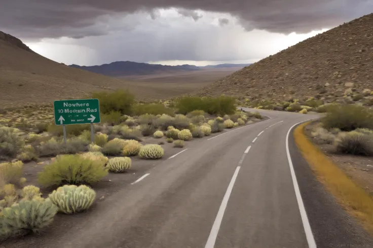 a (weathered green metal highway sign with bold white text:1.5) (reads:"Nowhere 10":1.7), A (winding mountain road:1.4), but instead of mountains, visualize a vast desert landscape under a sky filled with (midnight clouds:1.2). Rain pours heavily on the asphalt, and occasional lightning flashes illuminate the dramatic clouds. As you drive deeper into the dark desert, you see cacti, tumbleweeds, and rocky terrain in the periphery.