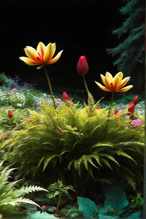 in a world teeming with flora unlike any seen on earth, a towering flower stands as the centerpiece. its petals, vibrant and fiery red, glisten under the luminescent glow of the planet's twin suns. each petal is imbued with a life of its own, pulsating in rhythm with the ambient vibrations that permeate this alien garden. the flower's yellow core glows like a miniature sun amidst the sea of red, drawing the attention of every passerby. as you draw closer, you can almost hear the rustling whispers of the plant life surrounding it, each one unique in form and hue. just beyond the radiant beauty of the central flower, an array of otherworldly vegetation unfolds. some plants resemble leaves or branches, while others appear to be entirely new forms of organic matter, their shapes and textures unlike anything ever witnessed by human eyes. the colors range from the deepest greens to the brightest purples, and even a few flowers that defy description with their multicolored patterns and luminescent highlights. the entire scene seems to hum with a symphony of colors, sounds, and scents, creating a captivating tapestry of sensory delight. it's a testament to the endless wonders that await in the vast cosmos, where life takes myriad forms and exists in ways we can only begin to comprehend.