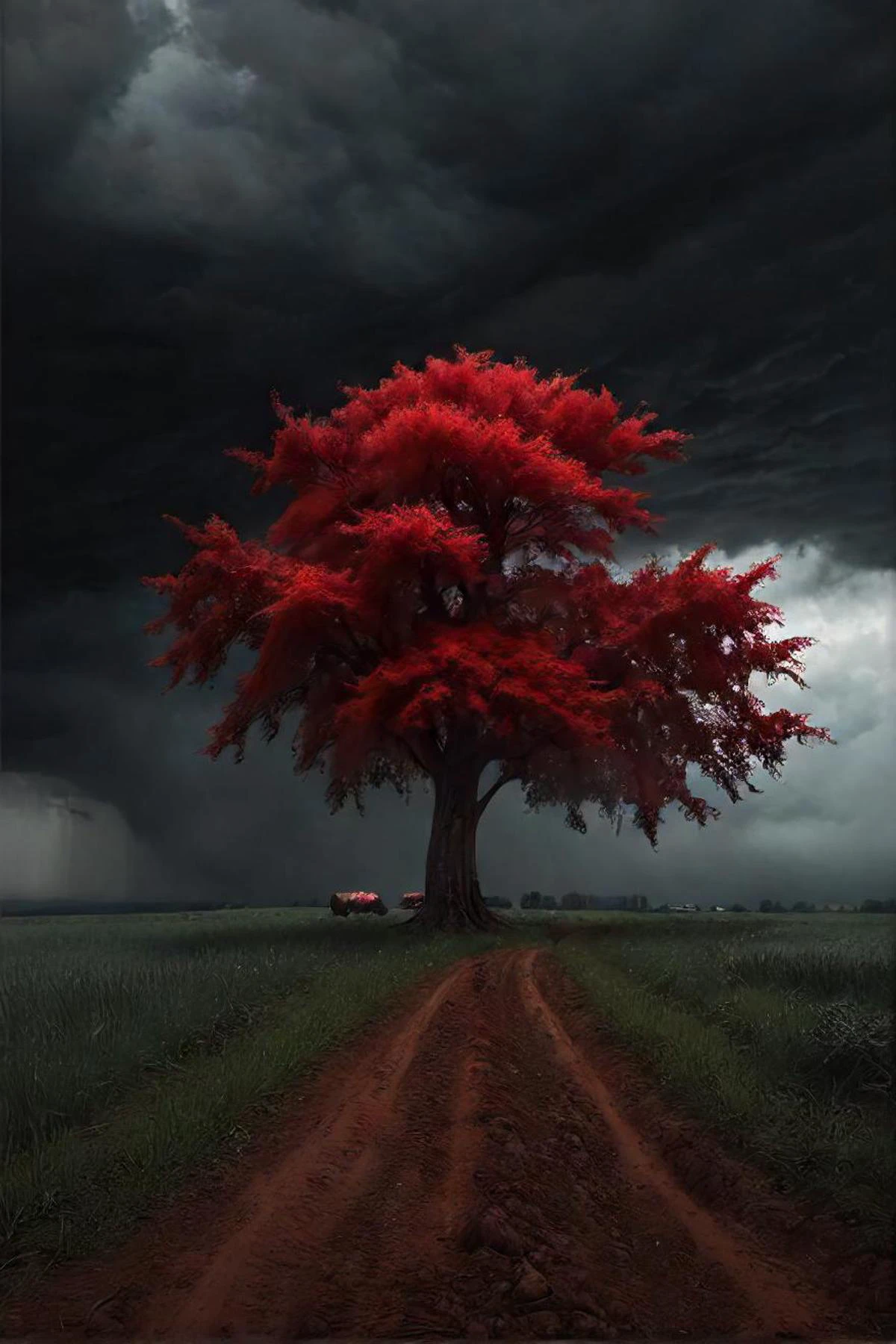 a painting of, arafed red tree in a field with dark clouds in the background, digital art by micha  karcz, flickr contest winner, surrealism, atmospheric red effects, against a stormy sky, red atmosphere, from reddit, extremely detailed, artgerm, photograph