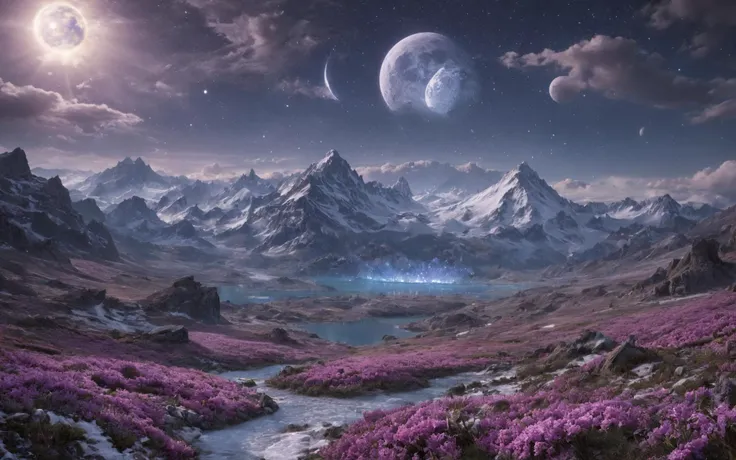 On the distant planet Xerath, an opulent landscape unfolds before you in all its splendor. The violet sky above is adorned with a canopy of billowing white clouds that resemble ornate lacework. These clouds are studded with glittering diamonds of moonlight and sunlight, casting a surreal glow over the entire planet.
The single sun, now a brilliant sapphire orb, rises majestically on the horizon each morning to illuminate the world in its cool blue light. Its twin, the silver crescent moon, takes up position during the night, painting the landscape with an ethereal glow that dances off of crystalline structures scattered across Xerath's surface.
The ground is a tapestry of lush greens and vibrant blues, where verdant forests intermingle with azure meadows. The trees in these forests are adorned with iridescent leaves that shimmer like pearls when the sun strikes them just right. A symphony of colors fills your vision as you traverse this enchanted realm.
In place of sand dunes, rolling hills of velvety grass stretch out for miles, punctuated by crystal-clear lakes and rivers that reflect the sky above in their still waters. The banks of these waterways are lined with luxurious villas made from translucent gemstones, where Xerath's inhabitants reside in unparalleled opulence.
The mountain range rises once more, but now it is cloaked in a blanket of snow that glitters like diamonds under the dual illumination of sun and moon. The peaks are crowned with icy palaces where royalty holds court amidst riches beyond imagination.
In this newfound paradise, exotic flora thrives, its blooms as large as dinner plates in hues of gold, emerald, and ruby red. As you wander through these gardens, the air is filled with the sweet perfume of a thousand blossoming flowers. The sky above teems with life as well; here, majestic birds soar on wings that shimmer like precious metals in the light of Xerath's celestial bodies.
The landscape has transformed from one of harshness to one of unparalleled luxury and splendor, a world where beauty reigns supreme under skies painted with jewels and illuminated by twin sources of radiant light.