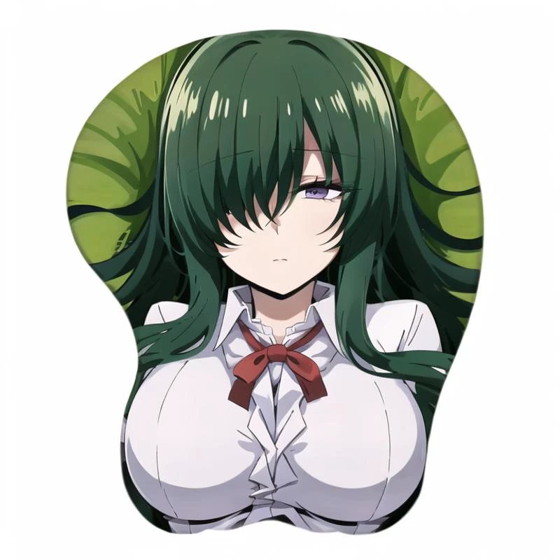 ateliergons style mousepad, best quality, Splendid anime illustration, anime style, oppai mousepad, boobapad, white background, upper body, portrait, 1girl, breasts, large breasts, looking at another, light purple eyes, chonmage and hair over eyes, India green hair, dress shirt