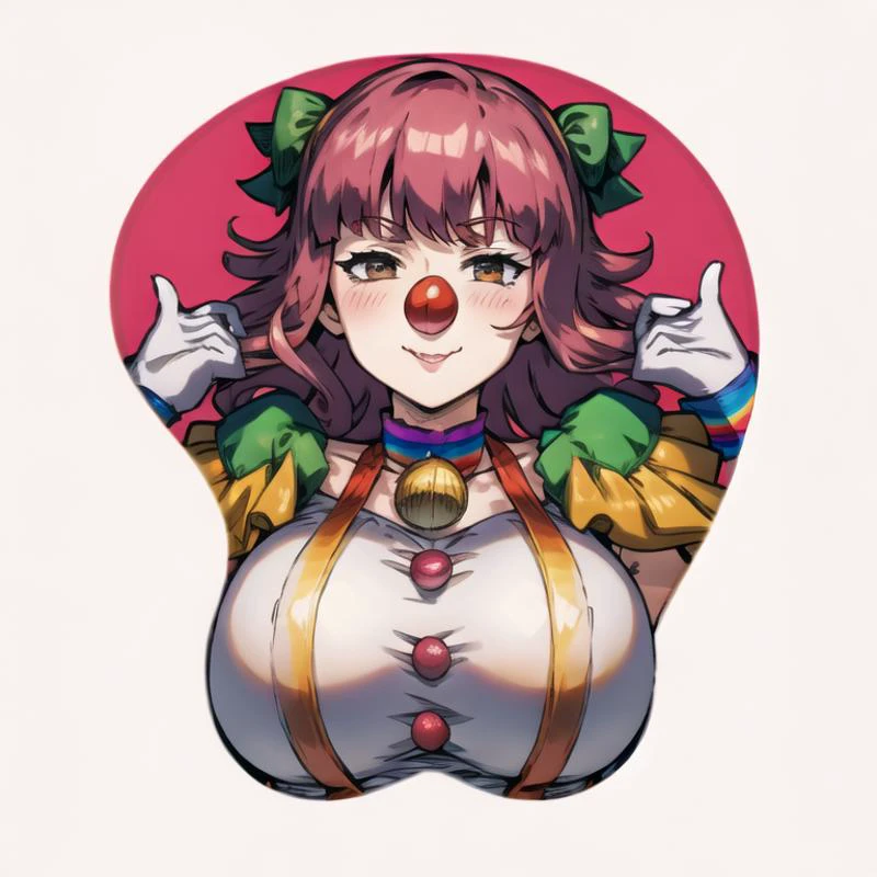 CHAR-F Ace Attorney Geiru Toneido by Shurik style mousepad, best quality, Splendid anime illustration, simple background, white background, boobapad, 1girl, large breasts, clown nose, pink hair, straps