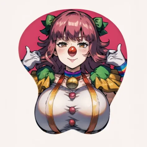 CHAR-F Ace Attorney Geiru Toneido by Shurik style mousepad, best quality, Splendid anime illustration, simple background, white background, boobapad, 1girl, large breasts, clown nose, pink hair, straps