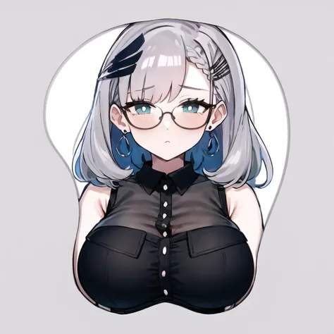 <lora:pavoliaReineHololive_v10:1> style boobapad, white background, upper body, portrait, breast focus, 1girl, breasts, large breasts, reine, pavolia reine, asymmetrical bangs, asymmetrical hair, bangs, black shirt, collared shirt, cropped shirt, grey hair, hair ornament, jewelry, round eyewear, shirt, short hair, sleeveless shirt