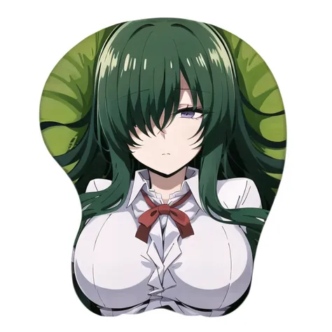 ateliergons style mousepad, best quality, Splendid anime illustration, anime style, oppai mousepad, boobapad, white background, upper body, portrait, 1girl, breasts, large breasts, looking at another, light purple eyes, chonmage and hair over eyes, India green hair, dress shirt