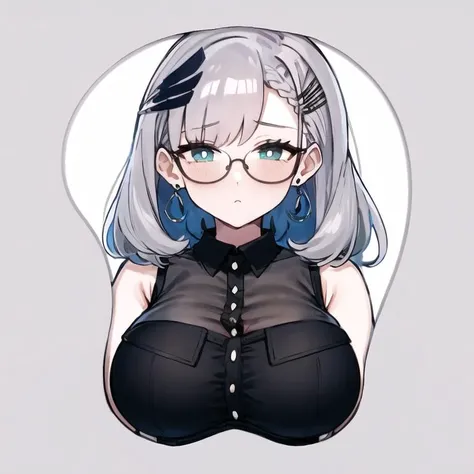 <lora:pavoliaReineHololive_v10:1> style boobapad, white background, upper body, portrait, breast focus, 1girl, breasts, large breasts, reine, pavolia reine, asymmetrical bangs, asymmetrical hair, bangs, black shirt, collared shirt, cropped shirt, grey hair, hair ornament, jewelry, round eyewear, shirt, short hair, sleeveless shirt