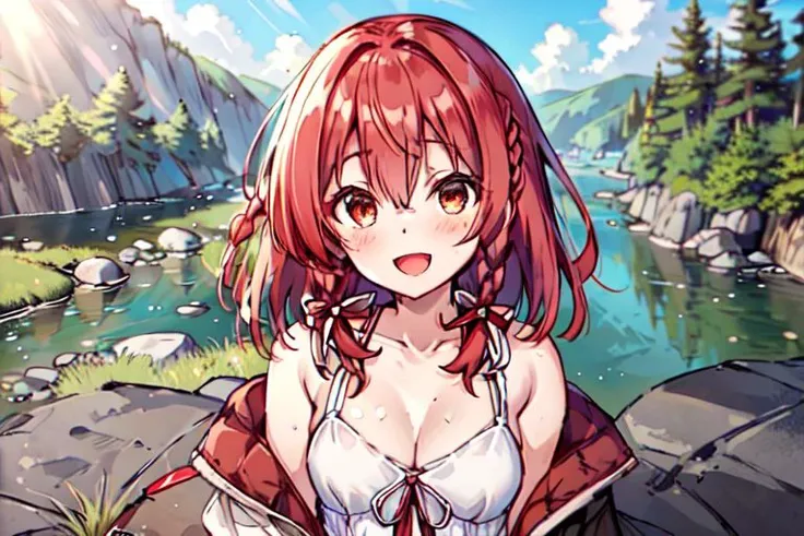 <lora:sumiSakurasawaKanojo_v10:0.78> Sumi Sakurasawa, 1girl, short hair, red hair, ((red_brown eyes)), cute, cleavage, braid, single braid right, small breasts, white dress, smile, :d, backpack, rock, cliff, river, forest, upper body, sunlight, cloud, photo, detailed eyes, (masterpiece, ultra detailed, best quality: 1.2), CG,