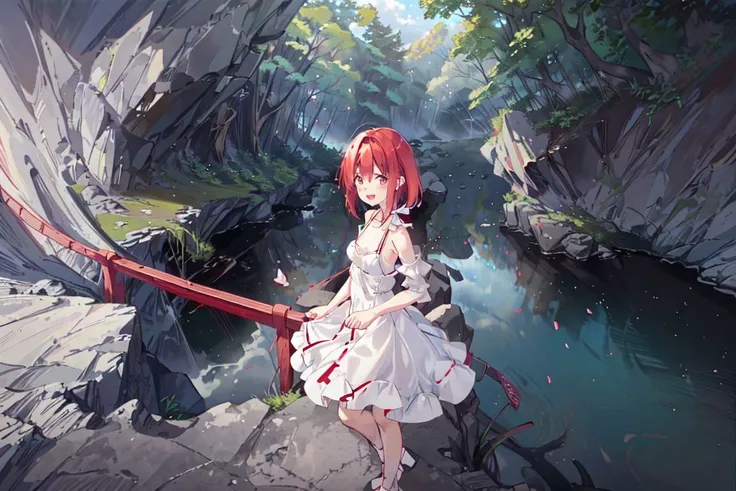 <lora:sumiSakurasawaKanojo_v10:0.78> Sumi Sakurasawa, 1girl, short hair, red hair, ((red_brown eyes)), cute, single braid, small breasts, white dress, :d, rock, cliff, river, forest, sunlight, cloud, (masterpiece, ultra detailed, best quality: 1.2), CG