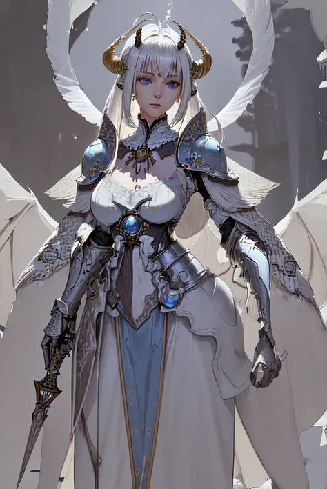 (masterpiece, best quality, ultra-detailed, best shadow), (western style:0.5), (realistic:1.2), analog style, (Fibonacci),(detailed background, mid shot, full body, One Handed Sword, battlefield, outdoors, twilight, looking at viewer), (beautiful detailed face, feminine features), (best illumination), ((cinematic light)), colorful, hyper detail, dramatic light, backlighting, intricate details, (woman, moth girl named Mori, white wings, neck fur, moth antenna, white hair, medium hair, blue eyes, armor ), made by mori, <lyco:edgMothKnight:0.8>