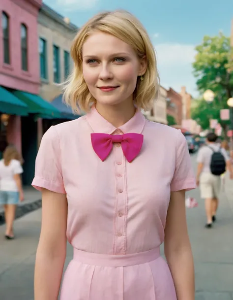 Architecture Photography, (ohwx woman:1.0),As Helga Pataki from Hey Arnold!, wearing her pink dress, white shirt, and pink bow, secretly watching Arnold from afar with her locket, capturing her unrequited love, city street background, vibrant colors, detailed environment, true to the distinct art style of the show, high-resolution, nostalgic scene., <lora:dunst_lora_sdxl_v3-000009:1>