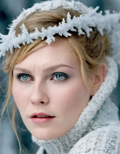 Collage Photography, (ohwx woman:1.0,)In the heart of a swirling snowstorm, a female human Winter Witch (photorealistic:1.35) commands the chilling elements. Her face, aglow with (frosty, icy makeup:1.2), embodies her frigid power. Her fingers trace a shimmering, ice-rune in the freezing air, her icy gaze as cold as the winter winds. The howling snowstorm, the frozen surroundings, and the Winter Witch's ice magic express the frosty nature of her class, <lora:dunst_lora_sdxl_v3-000009:1>