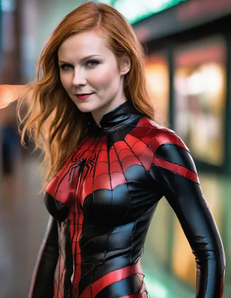comic book cover, (full height photograph:1.2) of (ohwx woman:1.3) (by Alyssa Monks:1.1), beautiful lighting, sharp focus, 8k, high res,Masterpiece, Nikon Z9, Award - winning photograph , athletic body ,A Vampirella-inspired bodysuit with red accents - The bodysuit is inspired by the spiderman character, with a form-fitting design and red accents that highlight the woman's curves. The outfit is perfect for a Halloween party or cosplay event and gives off a dark, sexy vibe. ,(in the style of mtg-art:1.2) , <lora:dunst_lora_sdxl_v3-000009:1> . graphic illustration, comic art, graphic novel art, vibrant, highly detailed,digital artwork, illustrative, painterly, matte painting, highly detailed