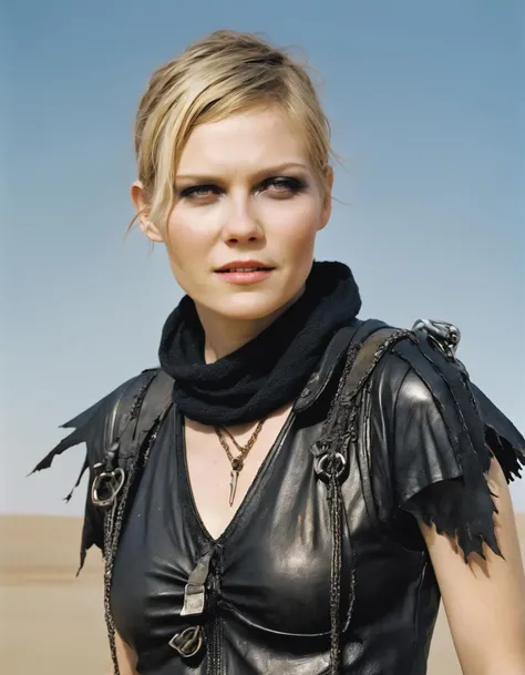 Hazy and Dreamy Photography, (ohwx woman:1.0),As Furiosa from Mad Max Fury Road, donning her black leather outfit with a mechanical arm, her face covered in grease as a warpaint, her eyes fierce and determined. She drives her war rig through the harsh desert wasteland, her iron will and unwavering resolve to save the Five Wives and find redemption fueling her onward., <lora:dunst_lora_sdxl_v3-000009:1>