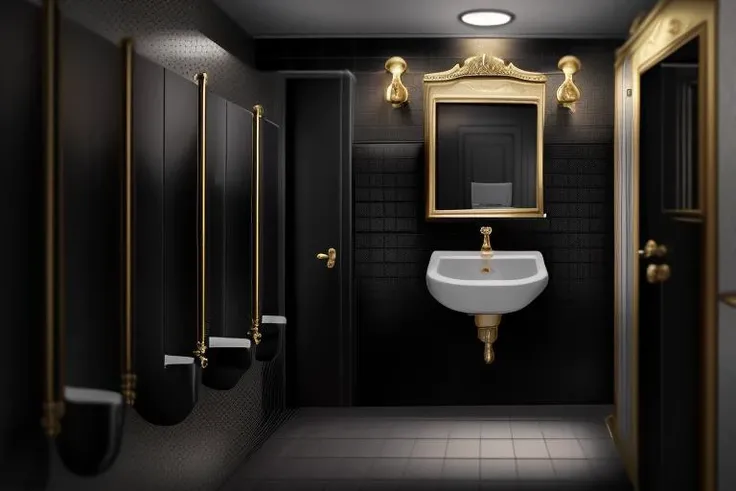<lora:add_detail:1> add_detail, masterpiece, best quality, detailed, realistic, soft dim lighting,
Gold and Black, Gold, Goldy, Black, matte black, Gilding, <lora:Gold and Black, Gold, Goldy, Black, matte black, Gilding:1.0>
<lora:restroom, urinal, toilet, stall, door, bathroom, window, sink, faucet:0.9> restroom, urinal, toilet, stall, door, bathroom, window, sink, faucet,