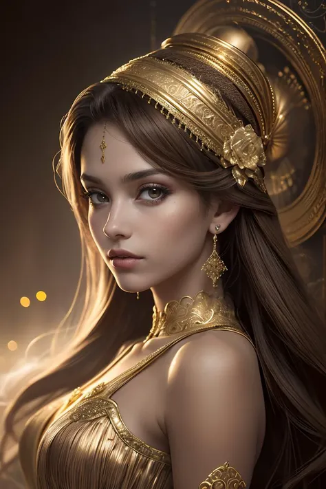 HyperSmoke, award winning portrait photo of an young gold woman, bokeh, backlit, (brown color in detail:1.1), elegant atmosphere, realistic, intricate details, true skin tone, skin pore, healthy skin <lora:GoldyBlack_v1.1:1>