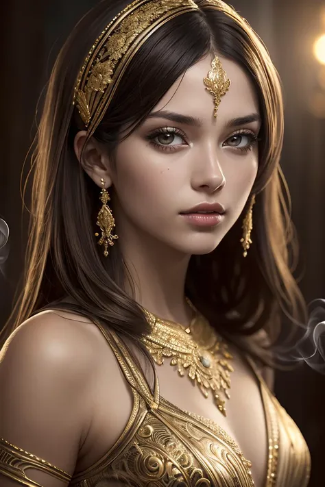 HyperSmoke, award winning portrait photo of an young gold woman, bokeh, backlit, (brown color in detail:1.1), elegant atmosphere, realistic, intricate details, true skin tone, skin pore, healthy skin <lora:GoldyBlack_v1.1:1>