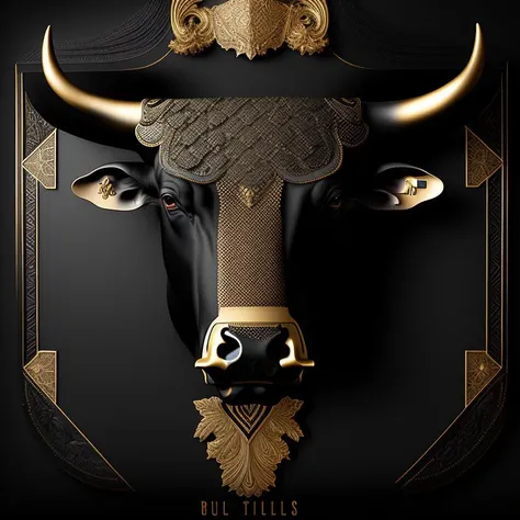 black gold, bull, looking camera, intricately carved, glossy black, matte black, gilding, volumetric shadows, artificial patterns, embossing, international typographic style 16K, intricate <lora:GoldyBlack_v1.0:1>
