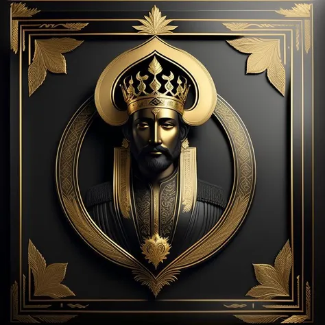 a golden king men on a matte black background with a gold border around, with a decorative intricate border around, matte gold leaf, very highly detailed digital art, a 3D render, 16K <lora:GoldyBlack_v1.1:1>