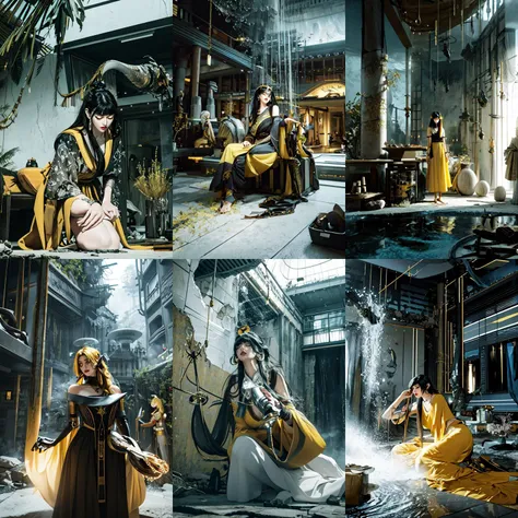 (otherworldly, otherworldly atmosphere, otherworldly appearance), highly insanely detailed, masterpiece, top quality, best quality, highres, 4k, 8k, RAW photo, ((ancient egyptian theme:1.2)), 
(mystical theme), mystical gatmosphere, arcane sanctuaries, otherwordly aura, 
(long_hair, long hair, random colors hair, glowing hair, hair over one eye, long messy hair), 
(eyelashes, eyeliner, eyeshadow, eyelashes, long eyelashes), 
collar, earrings, jewelry, necklace, armlet, 
tentacle, (underwater), nsfw, 
Homestay, Resort, Guest House, 
building, structure, still life, swirling energy, 
action pose, 
drunk, closed eyes, 
abandoned building, shopping mall, overgrown with vegetation, [volumetric fog], cinematic lighting, colorful, 
<lora:AkikoHoujohV8:0.7>,  AkikoHoujoh, huge_breasts, solo, yellow_dress, yellow_hair_bow, (fantasy world)