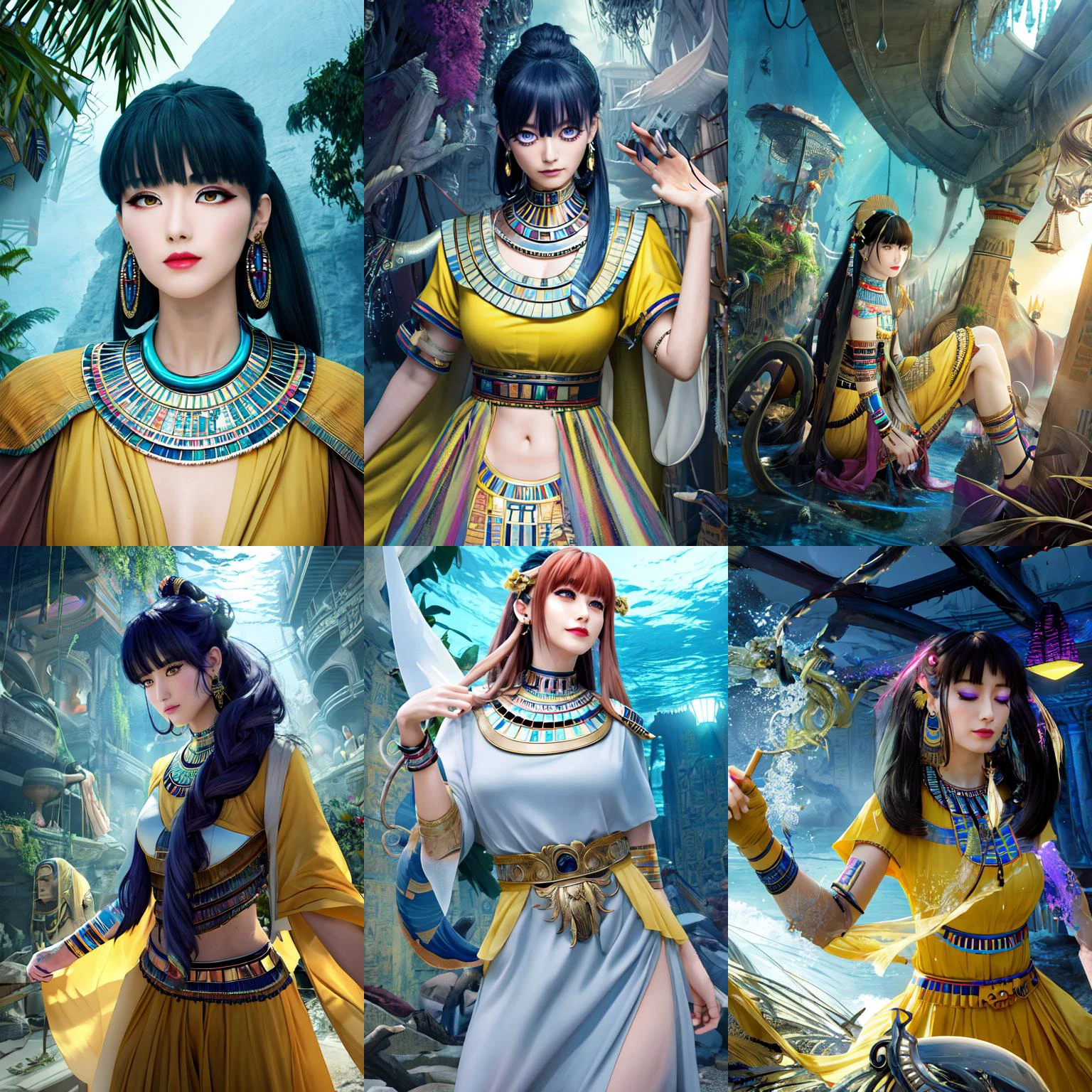 (otherworldly, otherworldly atmosphere, otherworldly appearance), highly insanely detailed, masterpiece, top quality, best quality, highres, 4k, 8k, RAW photo, ((ancient egyptian theme:1.2)), 
(mystical theme), mystical gatmosphere, arcane sanctuaries, otherwordly aura, 
(long_hair, long hair, random colors hair, glowing hair, hair over one eye, long messy hair), 
(eyelashes, eyeliner, eyeshadow, eyelashes, long eyelashes), 
collar, earrings, jewelry, necklace, armlet, 
tentacle, (underwater), nsfw, 
Homestay, Resort, Guest House, 
building, structure, still life, swirling energy, 
action pose, 
drunk, closed eyes, 
abandoned building, shopping mall, overgrown with vegetation, [volumetric fog], cinematic lighting, colorful, 
<lora:AkikoHoujohV8:0.7>,  AkikoHoujoh, huge_breasts, solo, yellow_dress, yellow_hair_bow, (fantasy world)
