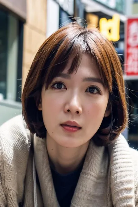 Best quality,masterpiece,ultra high res,photorealistic,1girl,taipei street alley,dynamic pose,face closeup,depth of field,upper_body,<lora:beanbean_sun:1>,