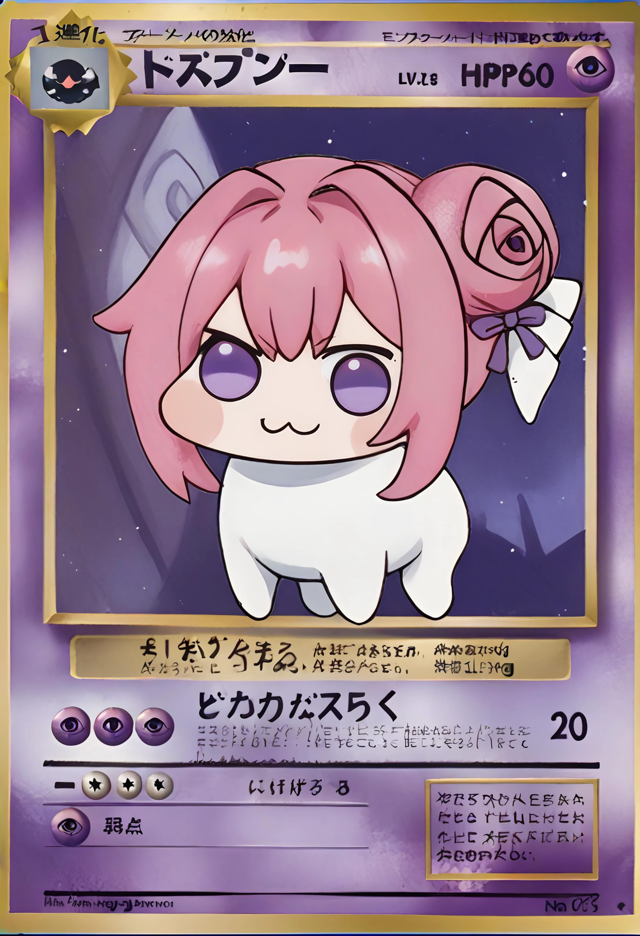 score_9, score_8_up, score_7_up, score_6_up BREAK textbox,pkmkard,psyc,basic,doro,creature, :3, chibi,no humans, four legs, solid circle eyes, no pupils, white skin,pink hair, purple eyes, hair bun, hair bow <lora:pkmkards:1> <lora:Doro_X_PDXL_V1:0.9>