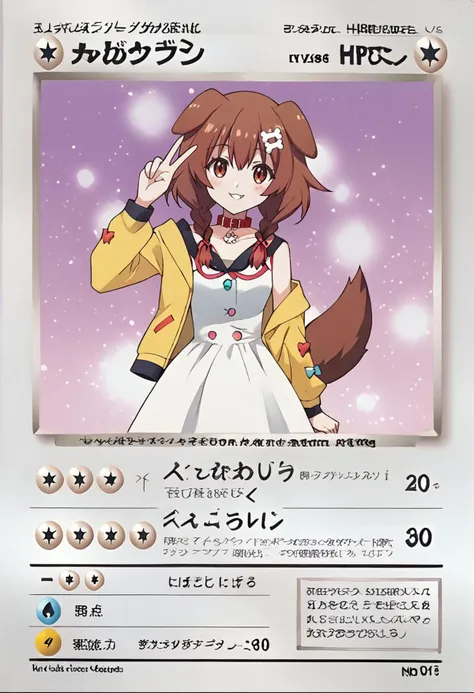 <lora:anipony_XL:0.5>, score_9, score_8_up, score_7_up, solo, source_anime, uncensored, anime screenshot, flat coloring, rating_safe, <lora:koroneXL:0.8> korone_base, yellow jacket, white dress, off shoulder, animal collar, low twin braids, bone hair ornament, dog tail, beautiful woman, standing with peace sign, BREAK, card style, <lora:pkmkards:1> pkmkard, norm, basic, pkmn, text, textbox