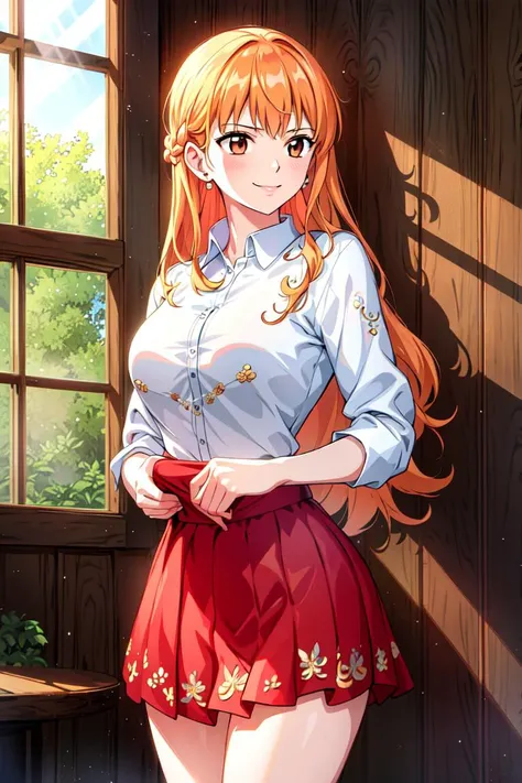 masterpiece, ((ultra detailed background, delicate pattern, intricate detail)), (highly detailed, fine details), best quality, beautiful lighting, ((medium breasts, slim girl)), NamiFinal, ((white shirt, red skirt)), simple shirt, 1girl, orange hair, solo, long hair, jewelry, brown eyes, smile, earrings, covered shoulders, (complex detailed background, inside, room environment, wooden walls, window, light rays), (cowboy shot), <lora:NamiFinalTen:0.8>