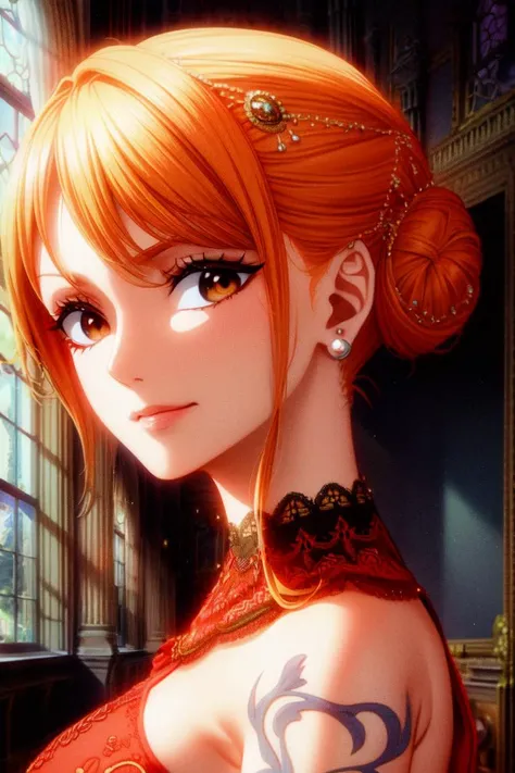 masterpiece, ((ultra detailed background, delicate pattern, intricate detail)), (highly detailed, fine details), best quality, NamiV2, 1girl, orange hair, solo, long hair, jewelry, ((medium breasts, slim girl, dress, red dress, elegant clothing, hair in a bun)), (((left shoulder tattoo))), brown eyes, smile, earrings, bracelet, bare shoulders, (complex detailed background, inside, castle room environment, medieval castle, gray walls, window, bookshelf), ((close-up, portrait)),
<lora:BeautifulDetailedEyes:0.4>,  <lora:DetailTweaker:0.5>,  <lora:NamiV2:0.8>,  <lora:GoodHands-vanilla:0.6>
