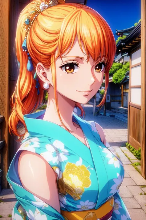 masterpiece, ((ultra detailed background, delicate pattern, intricate detail)), (highly detailed, fine details), best quality, ((medium breasts, slim girl)), NamiV2, 1girl, orange hair, solo, long hair, jewelry, ((medium breasts, slim girl, japanese clothes, kimono, left shoulder tattoo)), hair ornament, brown eyes, smile, earrings, (blue tattoo), (complex detailed background, outside, urban enviroment, traditional japanese town environment, japanese buildings, close-up, portrait),
<lora:BeautifulDetailedEyes:0.4>, <lora:DetailTweaker:0.5>, <lora:NamiV2:0.75>, <lora:GoodHands-vanilla:0.6>