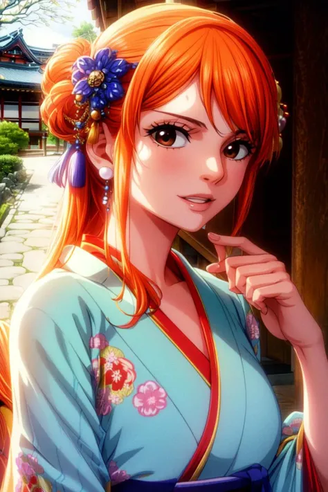 masterpiece, ((ultra detailed background, delicate pattern, intricate detail)), (highly detailed, fine details), best quality, ((medium breasts, slim girl)), NamiV2, 1girl, orange hair, solo, long hair, jewelry, ((medium breasts, slim girl, japanese clothes, kimono, left shoulder tattoo)), hair ornament, brown eyes, smile, earrings, (blue tattoo), (complex detailed background, outside, urban enviroment, traditional japanese town environment, japanese buildings, close-up, portrait),
<lora:BeautifulDetailedEyes:0.4>, <lora:DetailTweaker:0.5>, <lora:NamiV2:0.75>, <lora:GoodHands-vanilla:0.6>